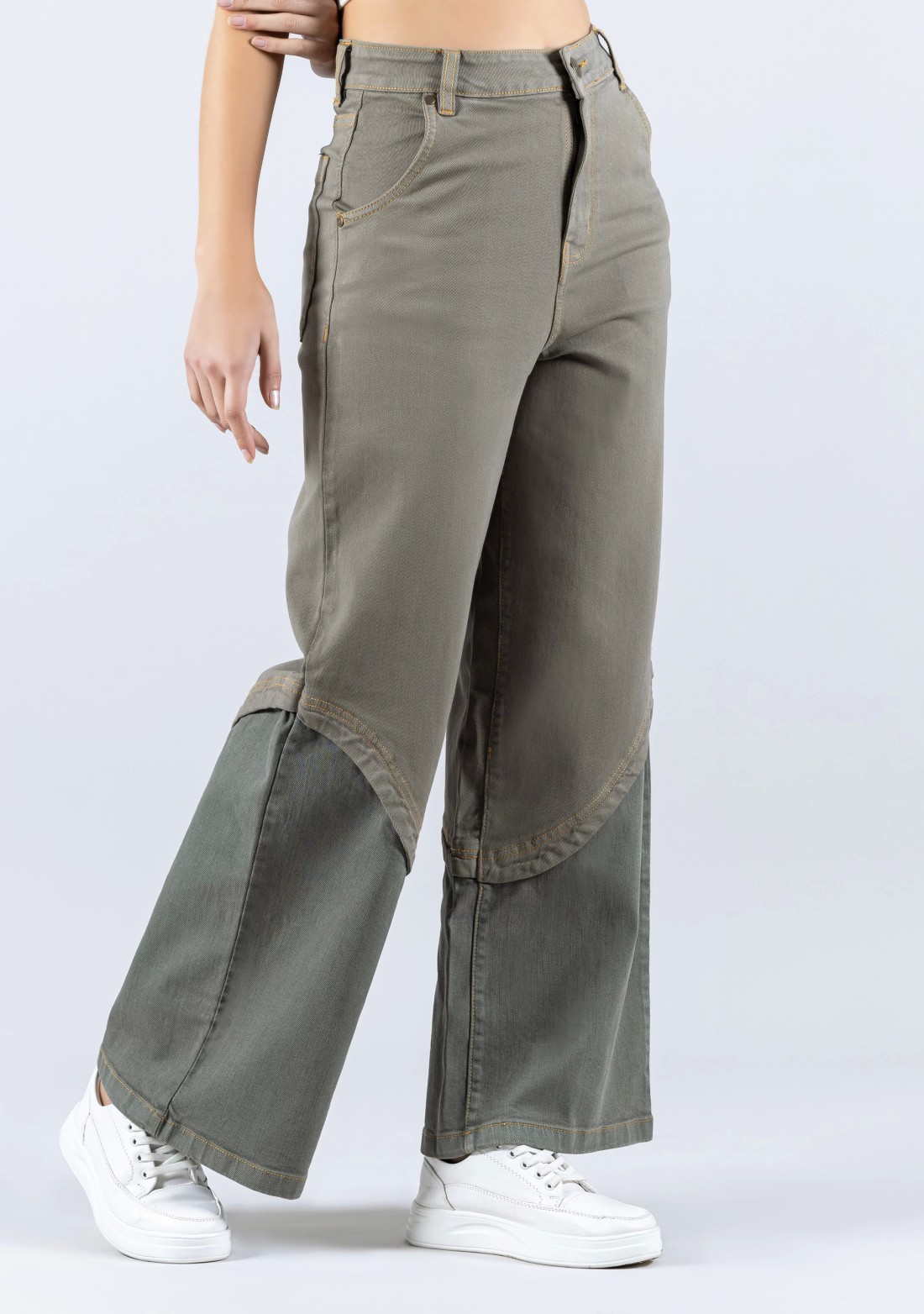 Grey Wide Leg Two Tone Panel Fashion Women's Jeans