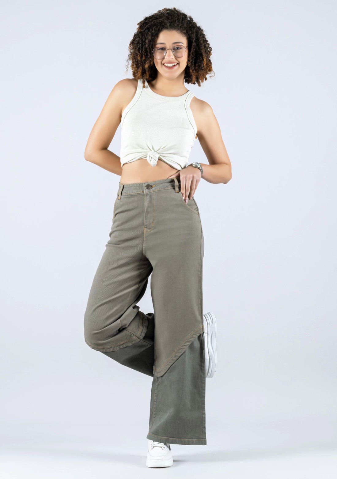 Grey Wide Leg Two Tone Panel Fashion Women's Jeans