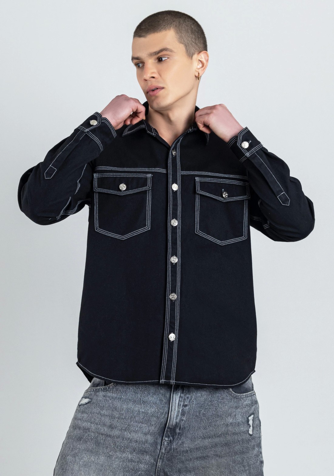 Black Regular Fit Men's Denim Shirt