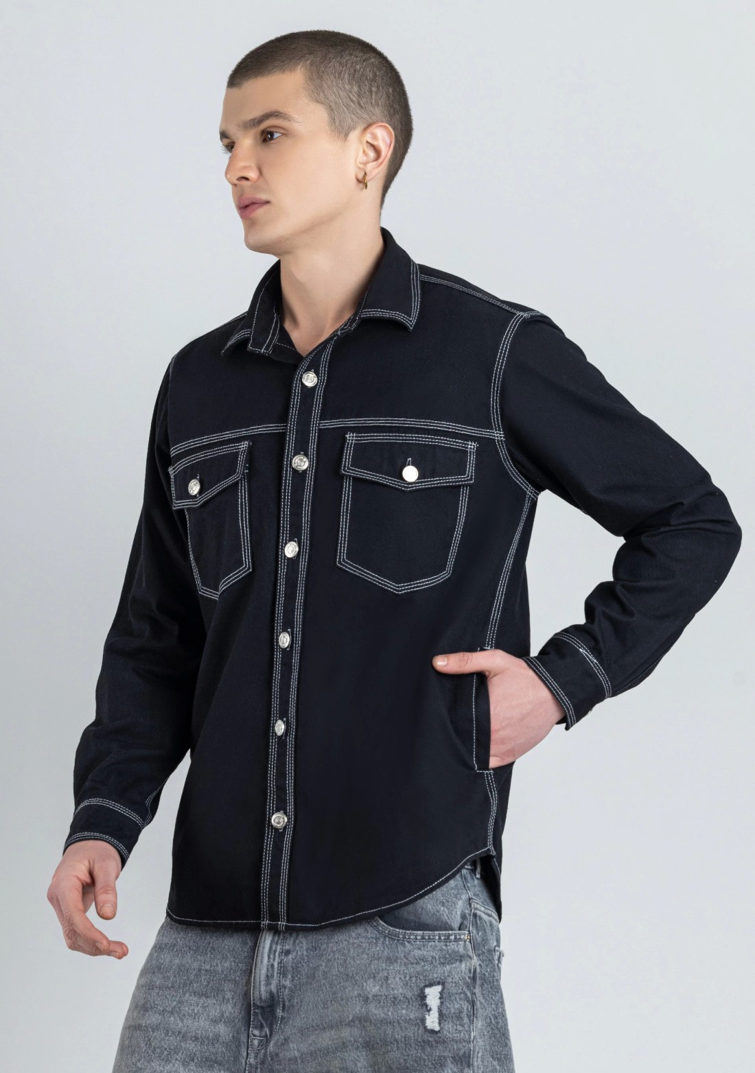 Black Regular Fit Men's Denim Shirt