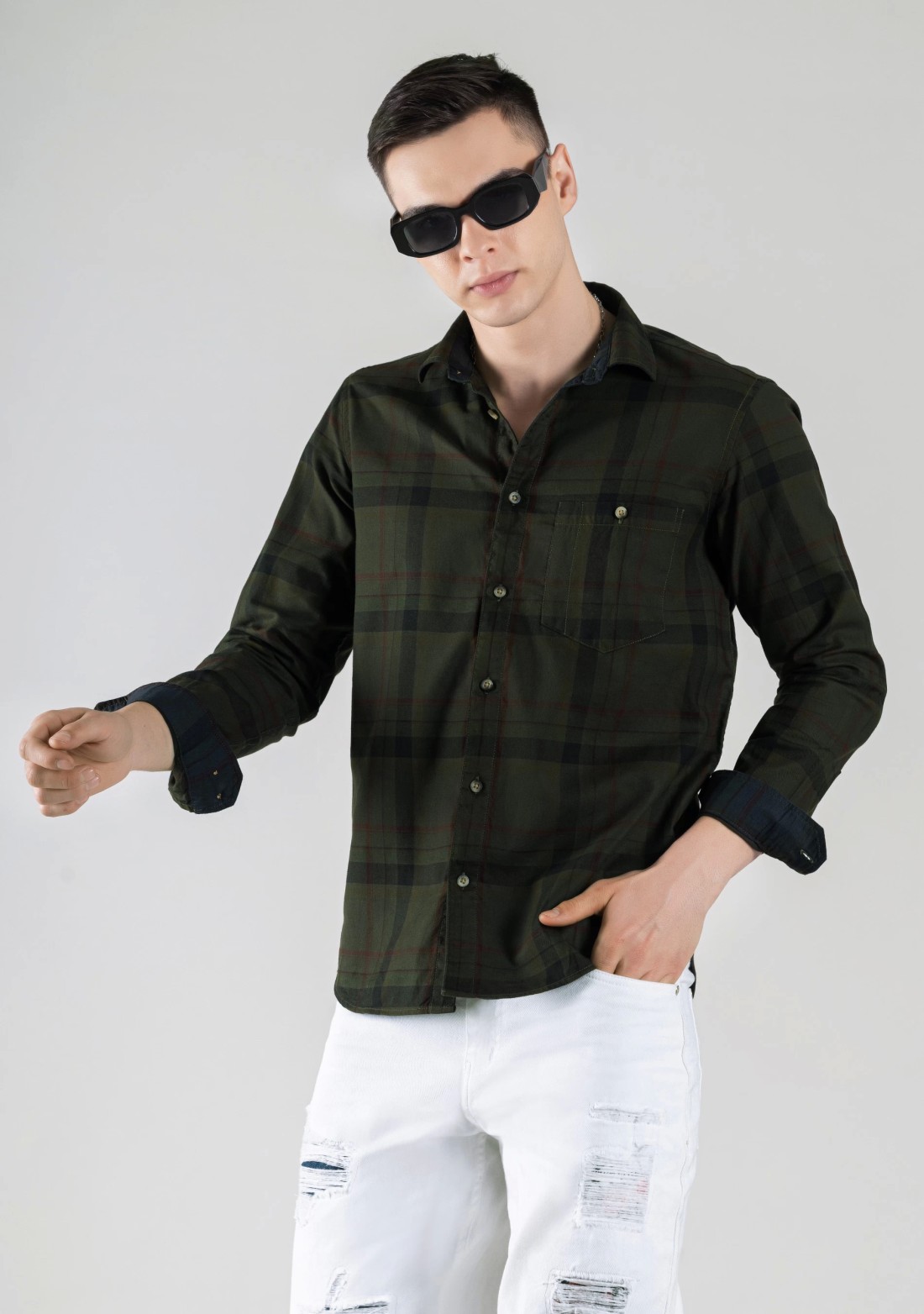 Dark Olive Regular Fit Men's Cotton Check Shirt