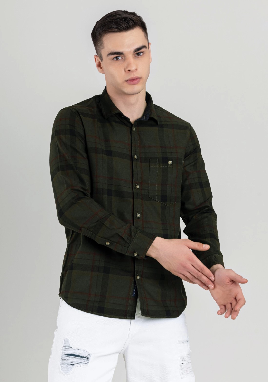 Dark Olive Regular Fit Men's Cotton Check Shirt