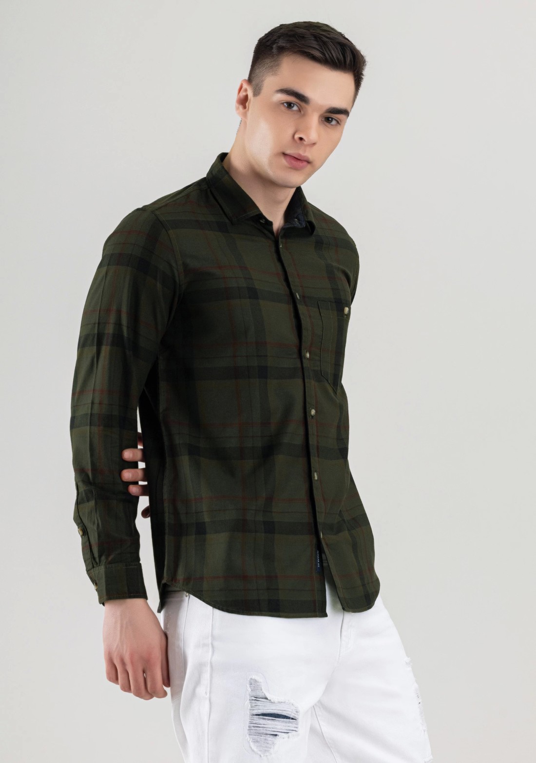 Dark Olive Regular Fit Men's Cotton Check Shirt