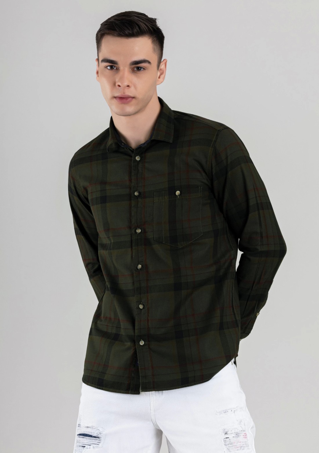 Dark Olive Regular Fit Men's Cotton Check Shirt