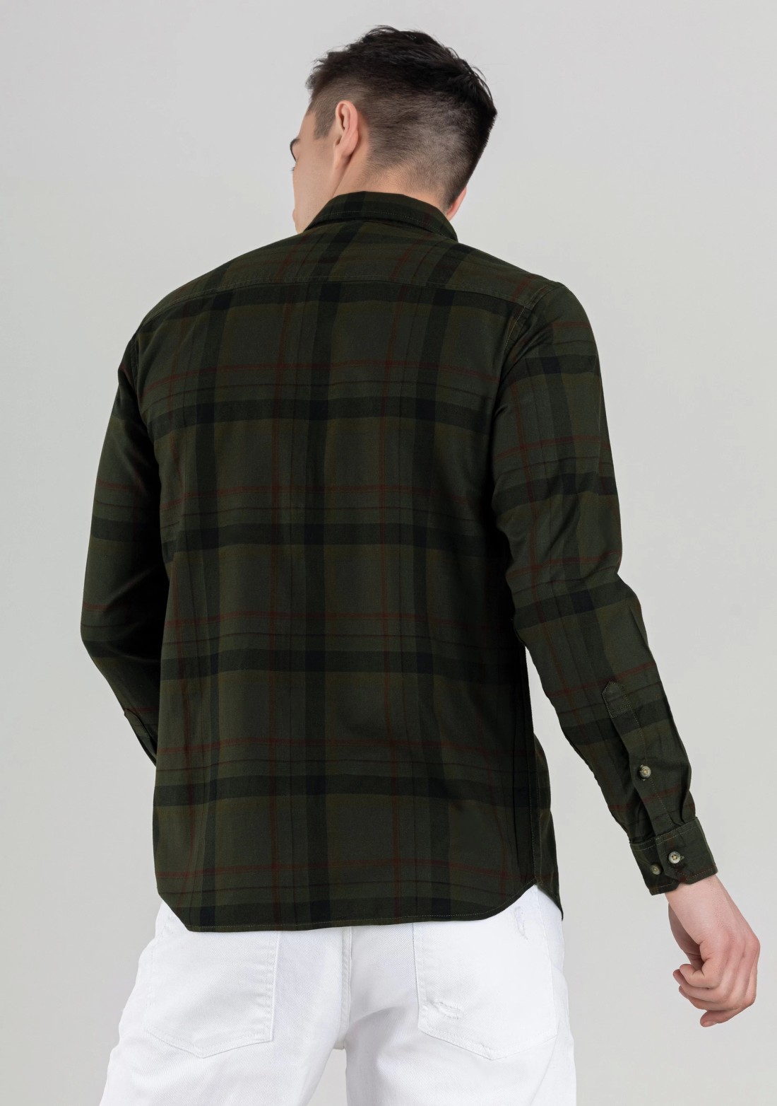 Dark Olive Regular Fit Men's Cotton Check Shirt