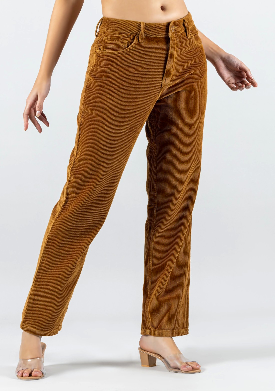 Khaki Slim Fit Women’s Casual Corduroy Trousers