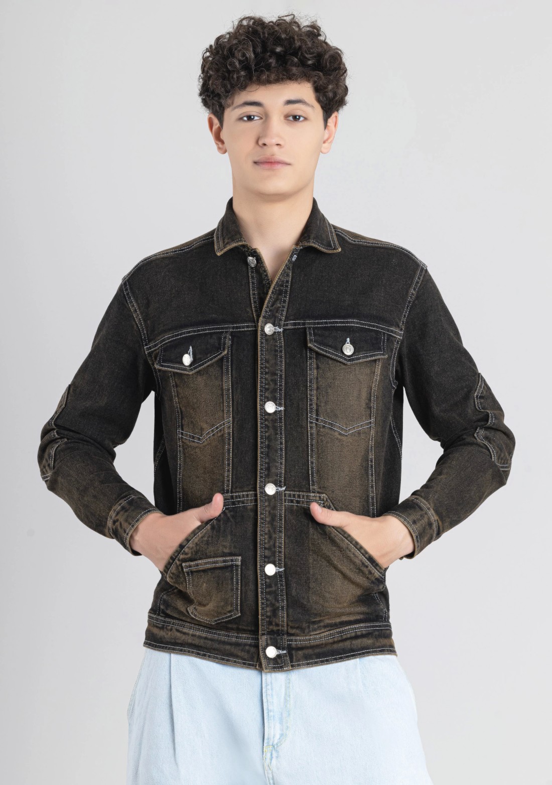 Blackish Brown Regular Fit Men's Denim Shacket