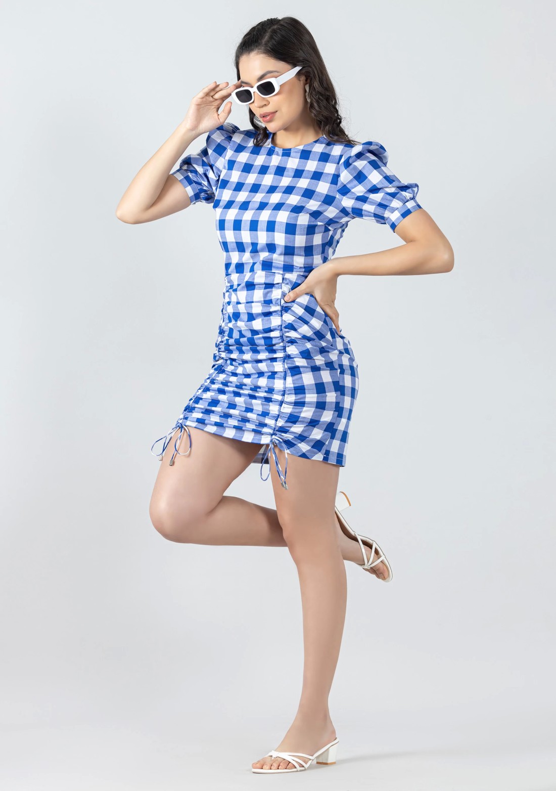 Blue Cotton Check Mini Dress