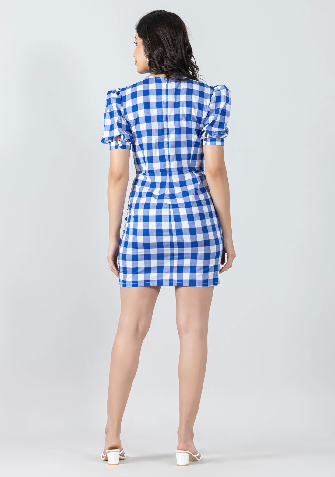 Blue Cotton Check Mini Dress