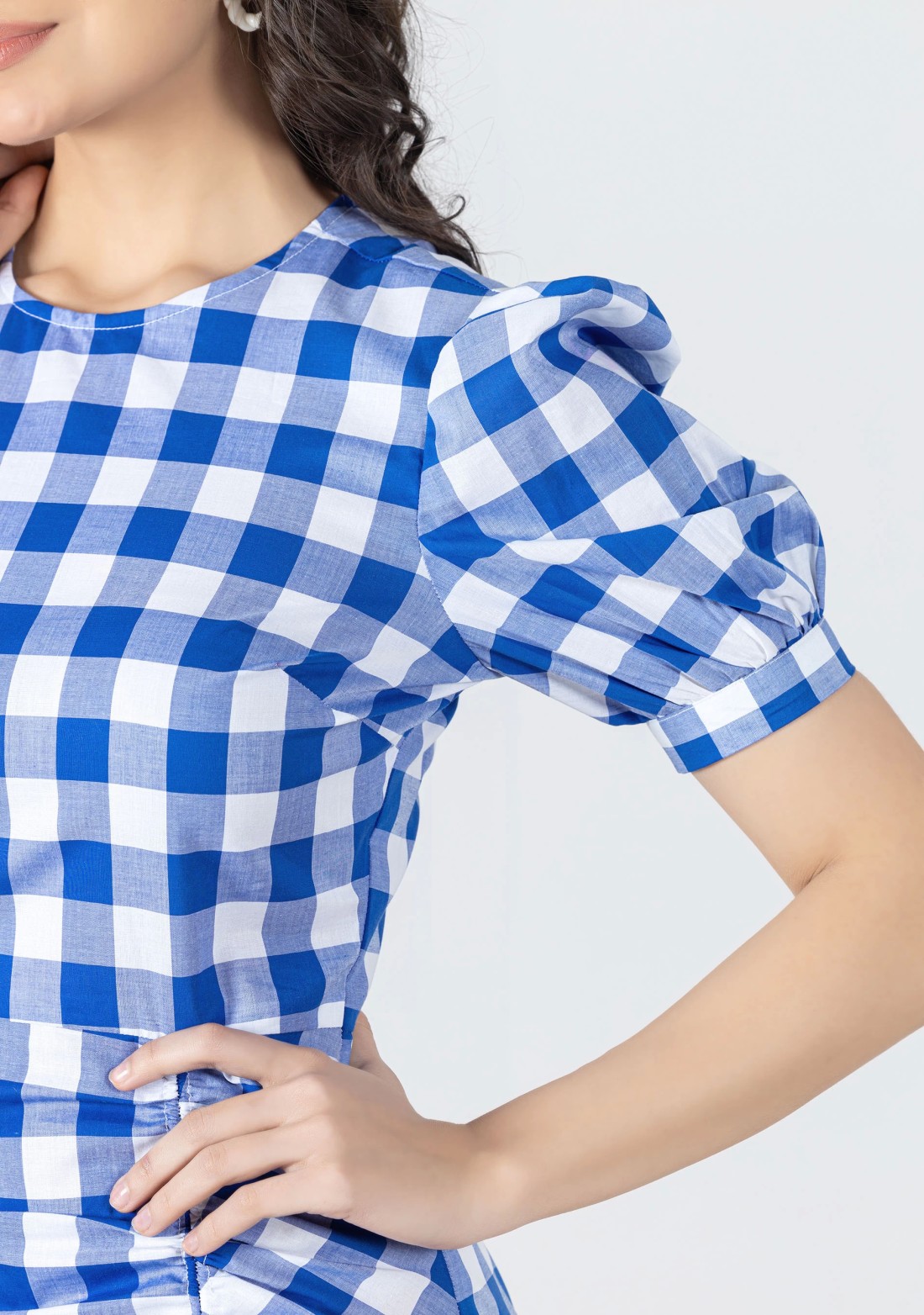 Blue Cotton Check Mini Dress