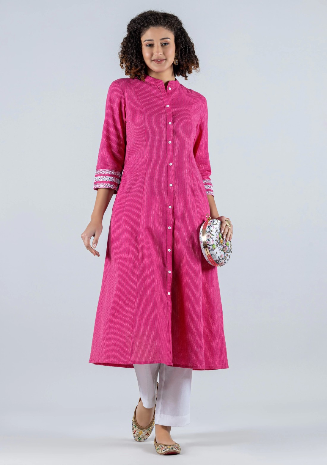 Pink Kantha Stitch Embroidered Cotton A-Line Kurta