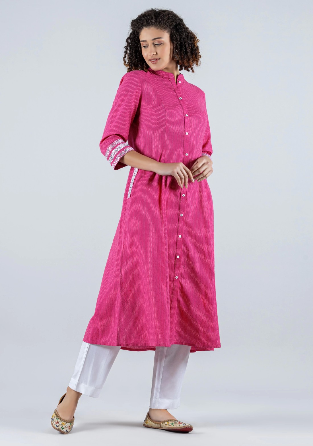 Pink Kantha Stitch Embroidered Cotton A-Line Kurta