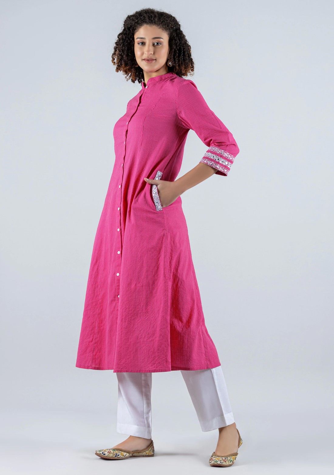 Pink Kantha Stitch Embroidered Cotton A-Line Kurta