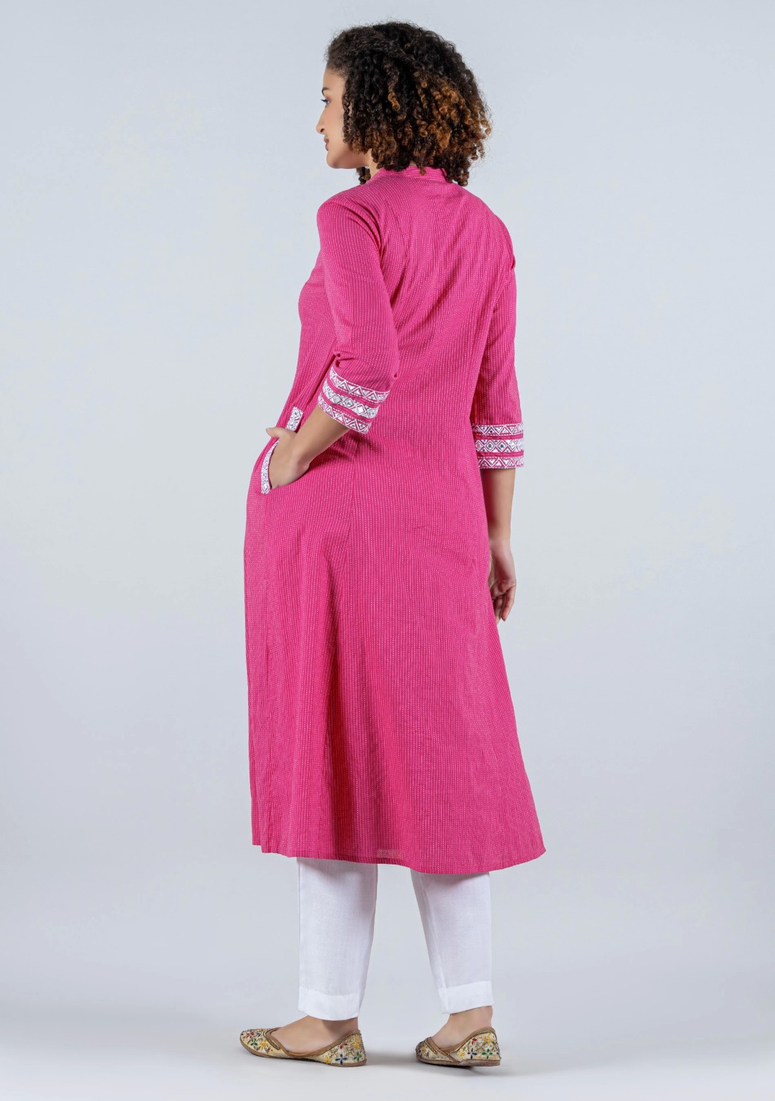 Pink Kantha Stitch Embroidered Cotton A-Line Kurta