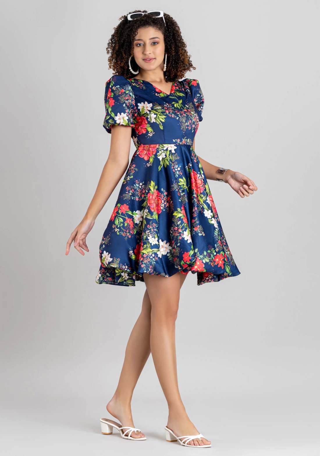 Navy Blue Floral Print Satin Balloon Mini Dress