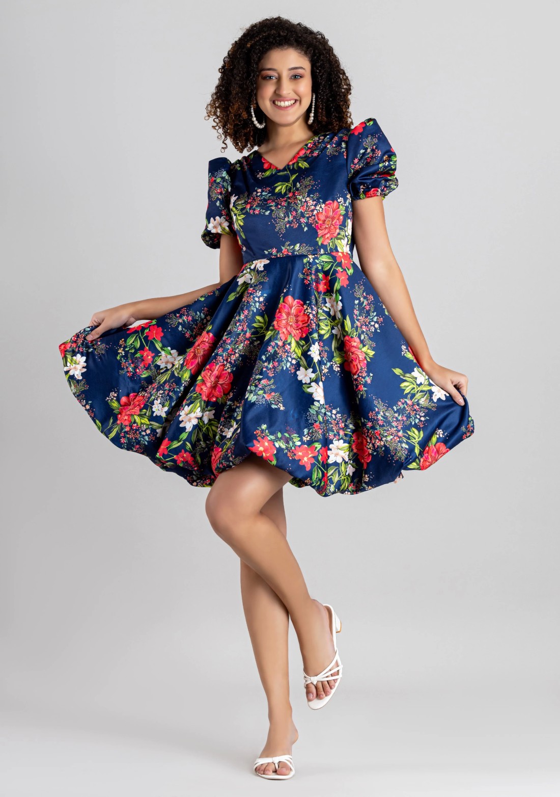 Navy Blue Floral Print Satin Balloon Mini Dress