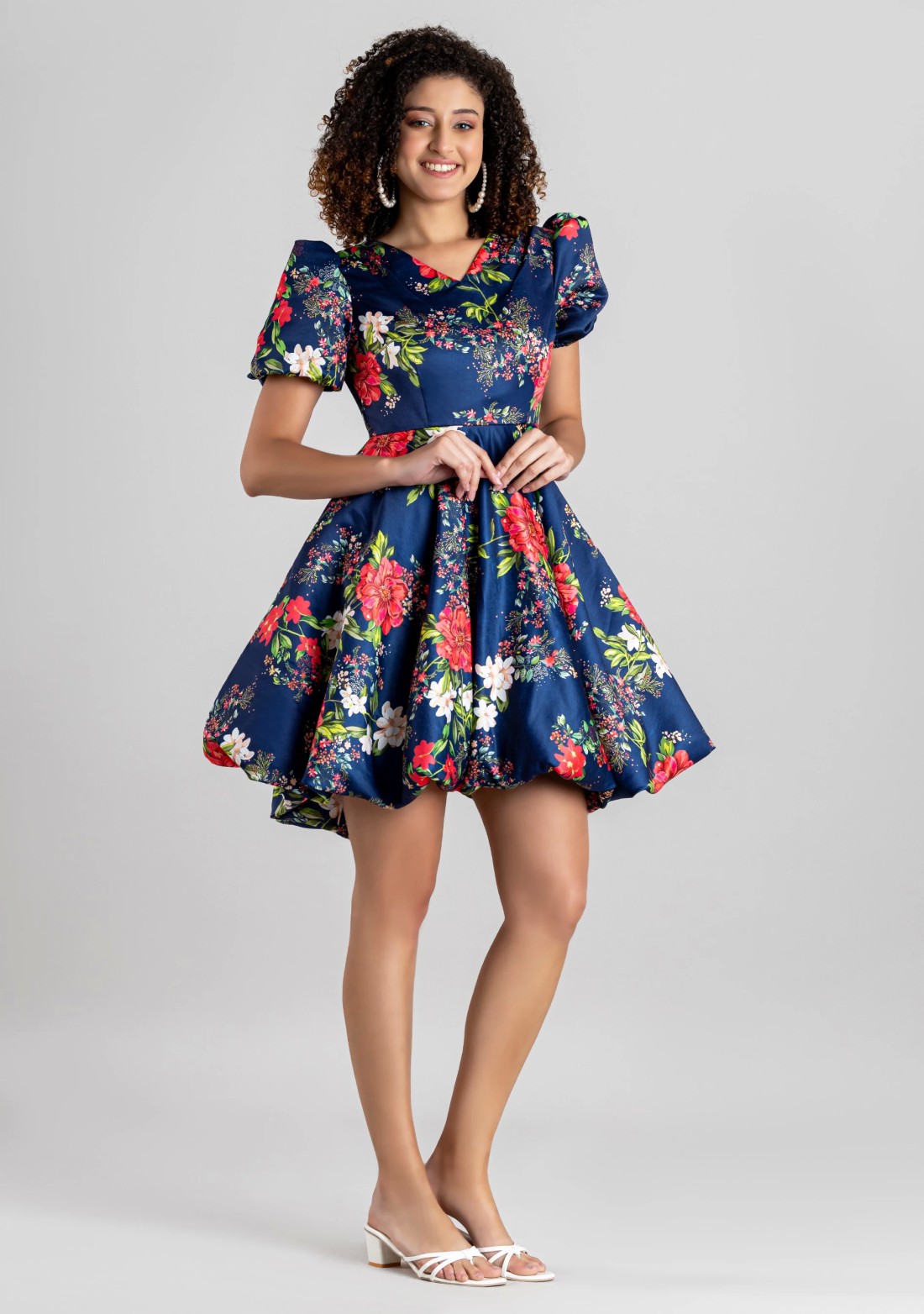 Navy Blue Floral Print Satin Balloon Mini Dress