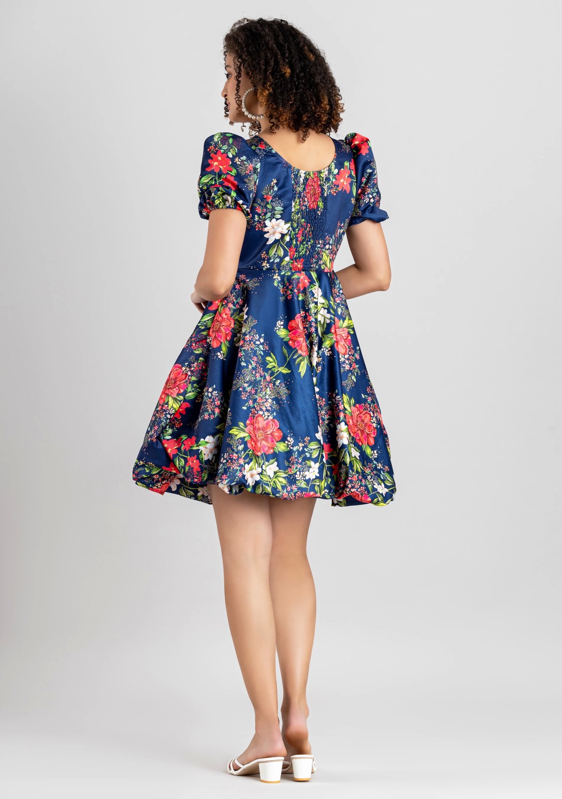 Navy Blue Floral Print Satin Balloon Mini Dress