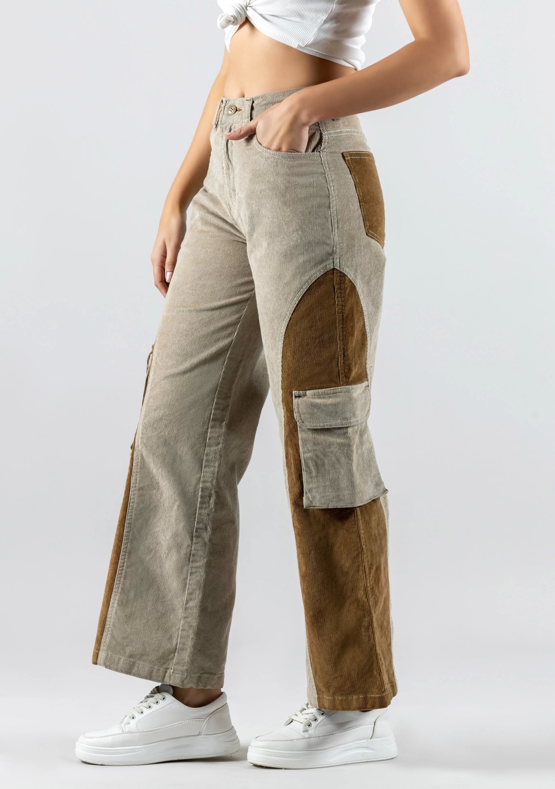 Fawn and Mouse Wide Leg Women's Corduroy Cargo Trousers