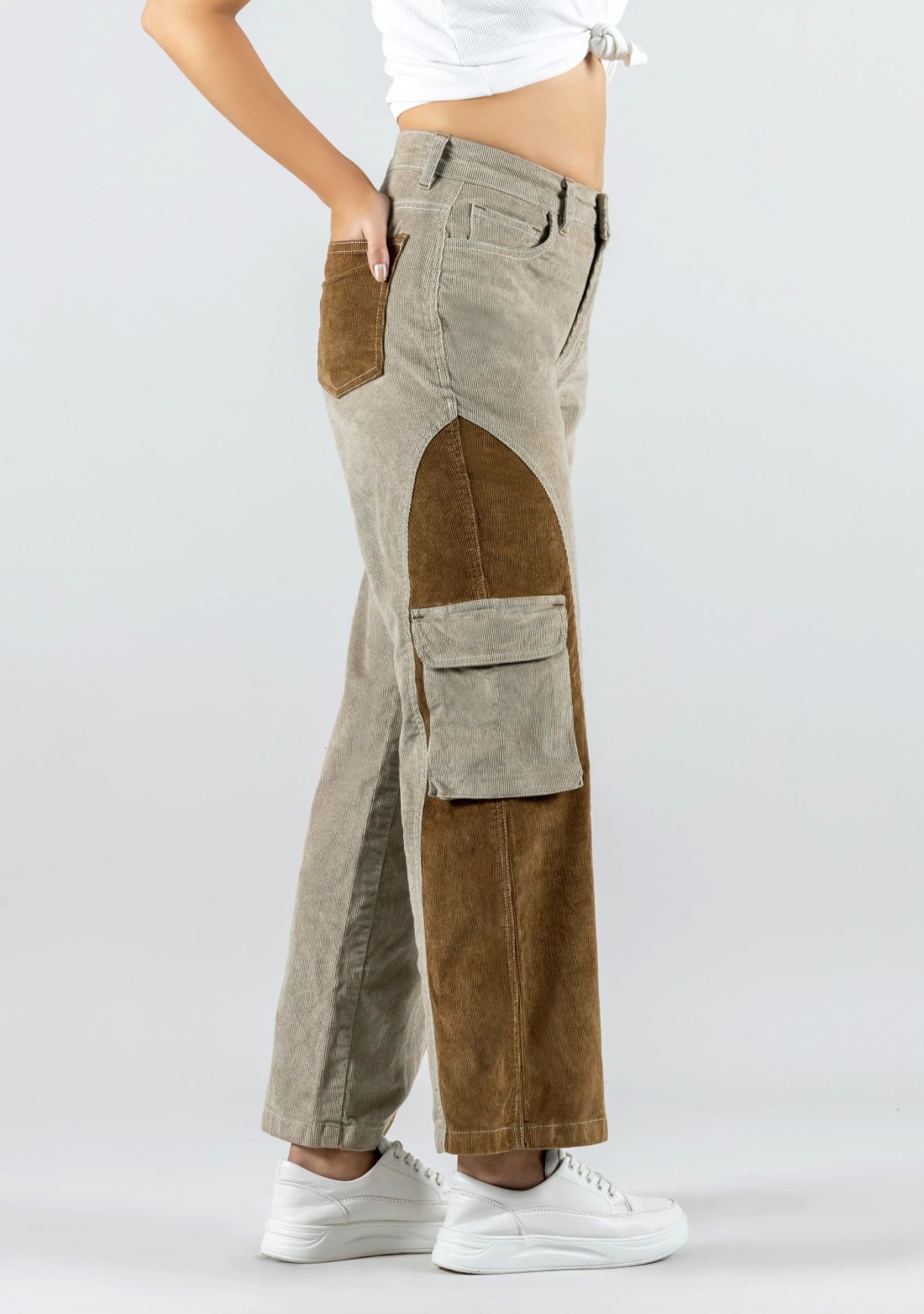 Fawn and Mouse Wide Leg Women's Corduroy Cargo Trousers