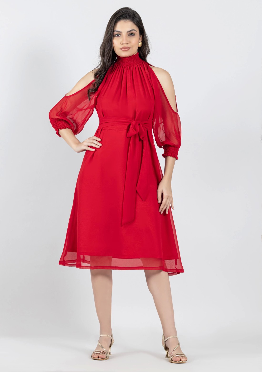 Red Georgette Cold Shoulder Midi Dress Buy Online in Samoa Mehar