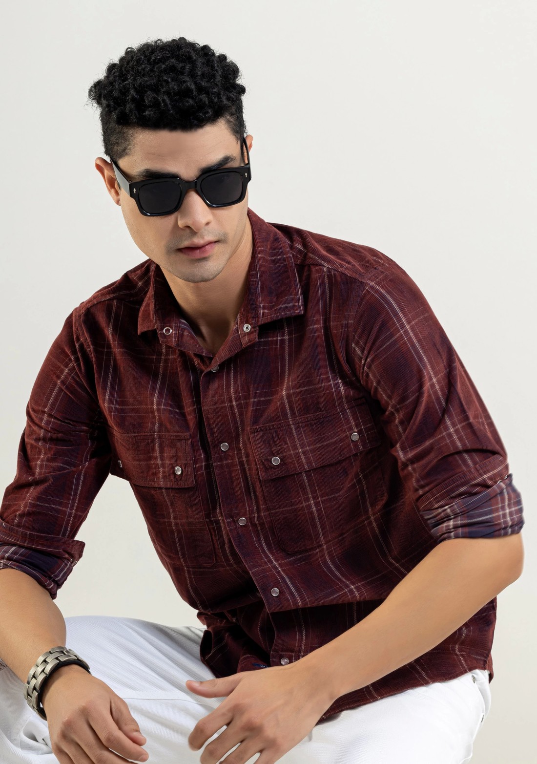 Rust Regular Fit Corduroy Men's Check Shirt