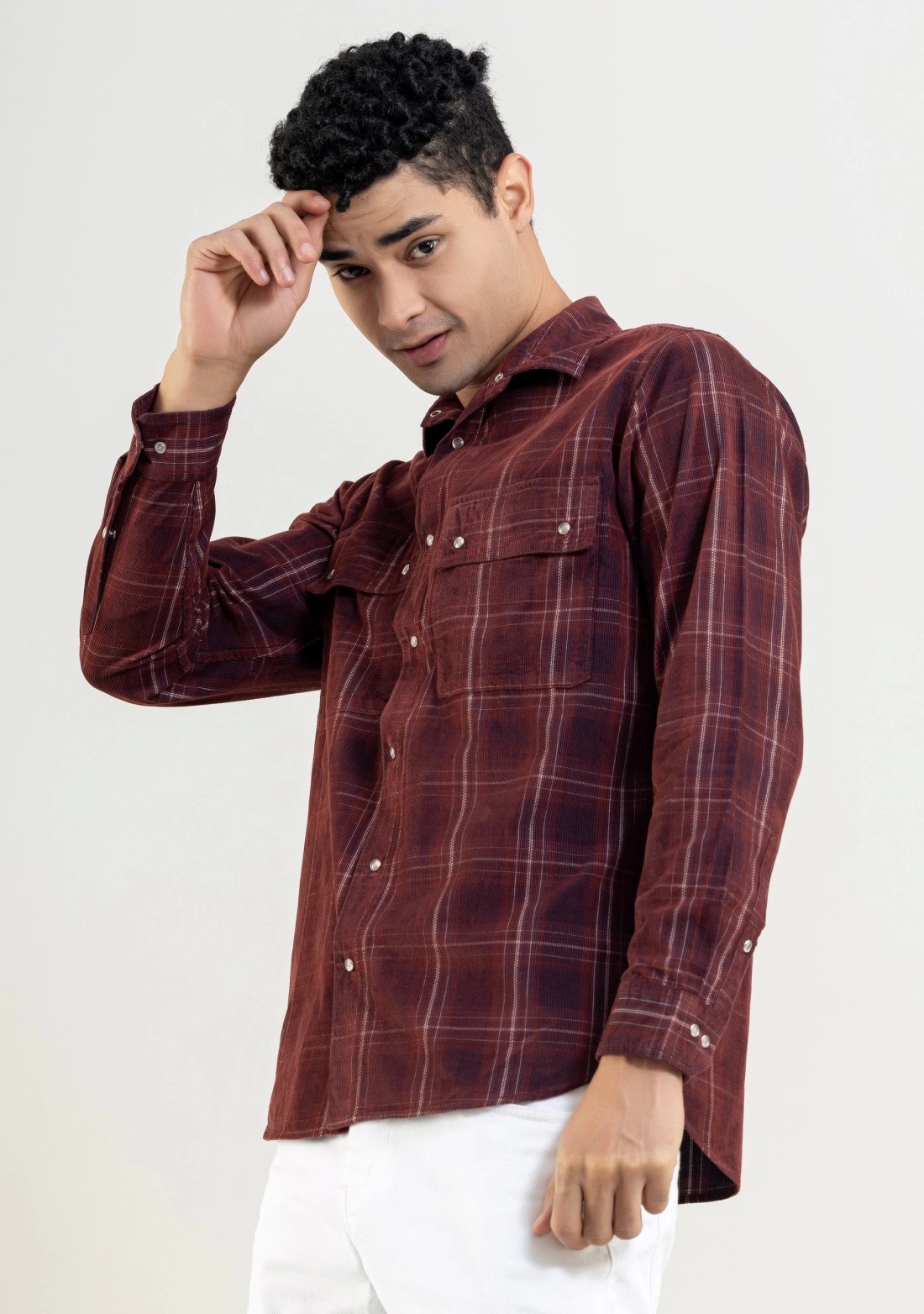 Rust Regular Fit Corduroy Men's Check Shirt