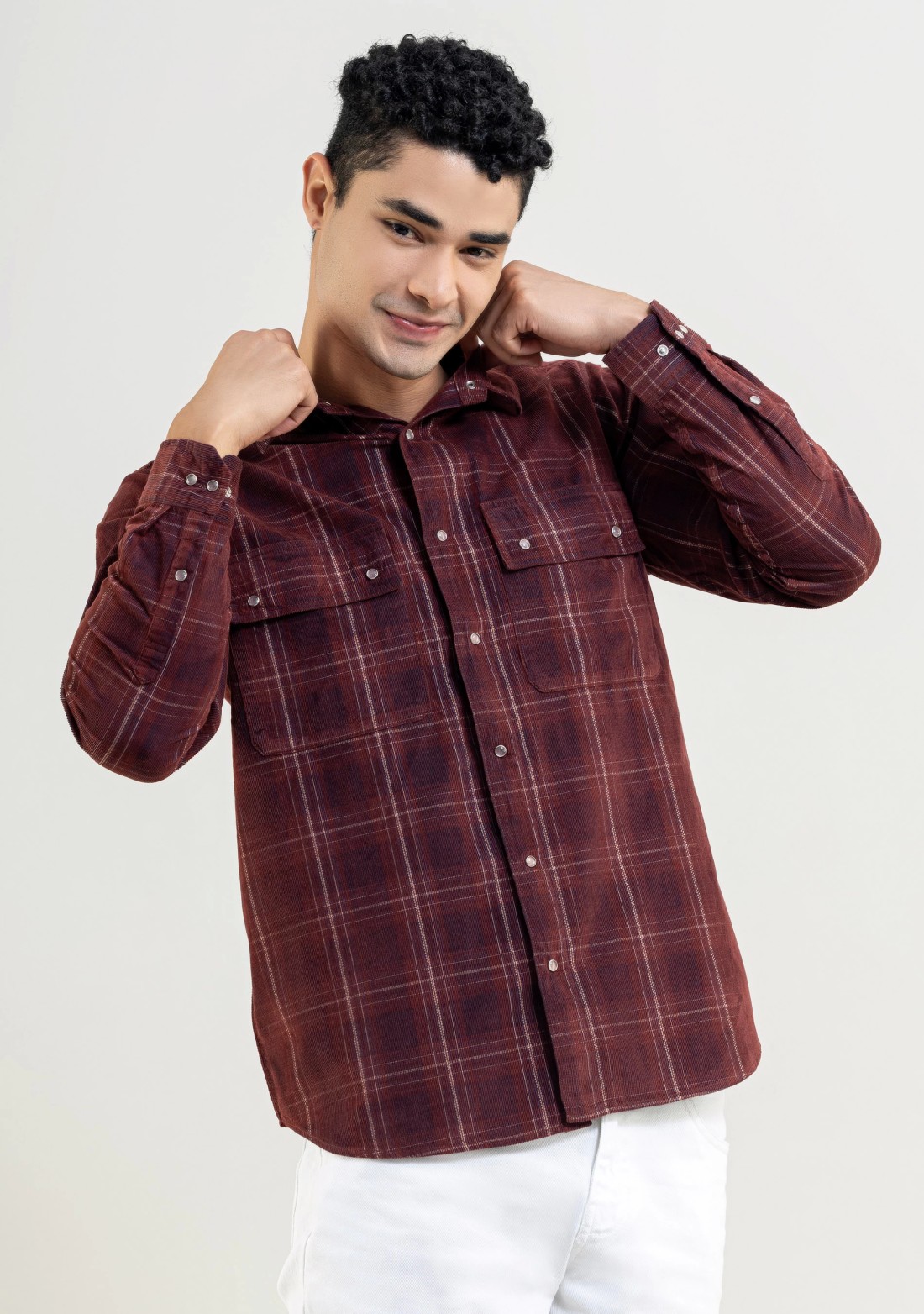 Rust Regular Fit Corduroy Men's Check Shirt