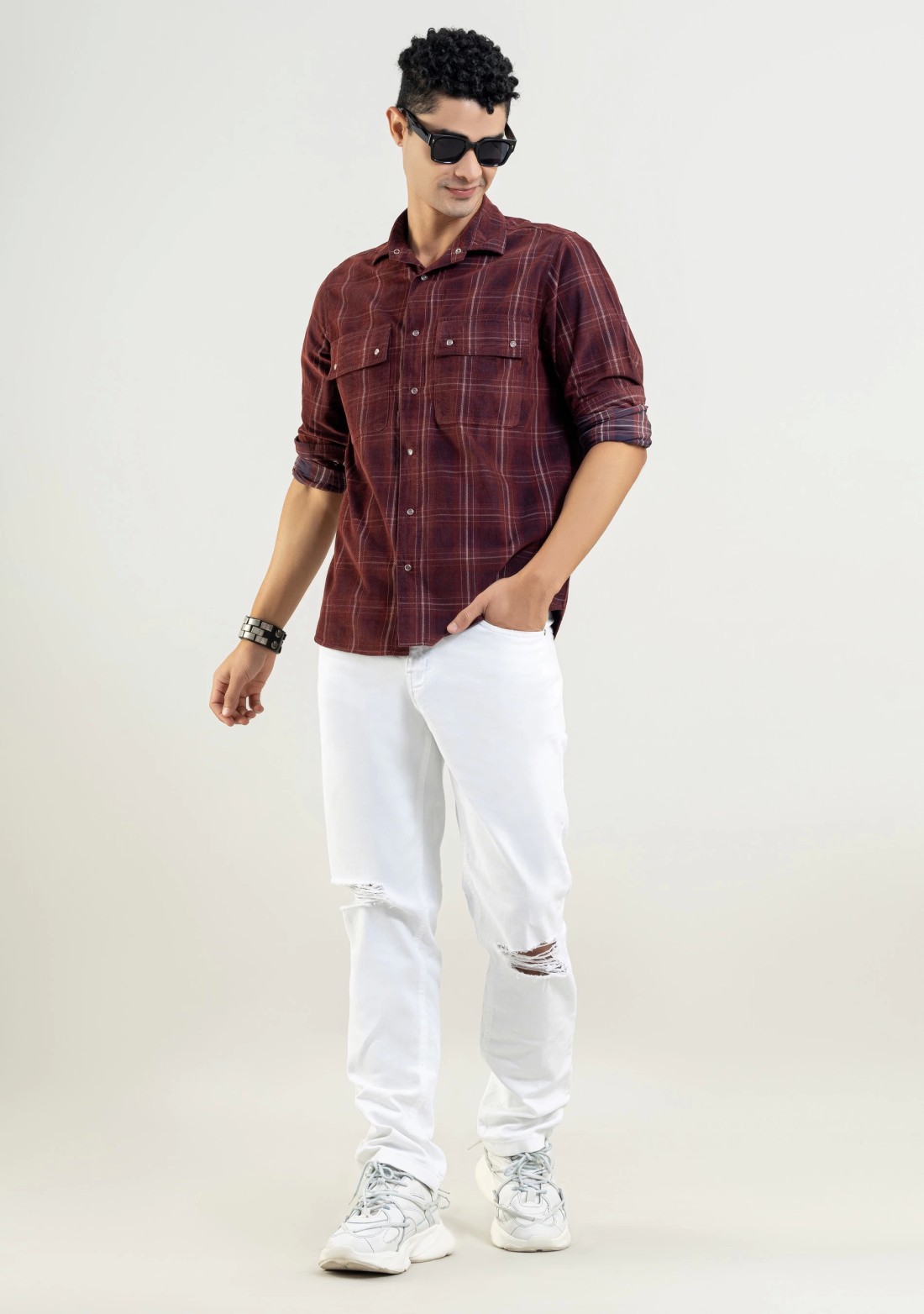 Rust Regular Fit Corduroy Men's Check Shirt