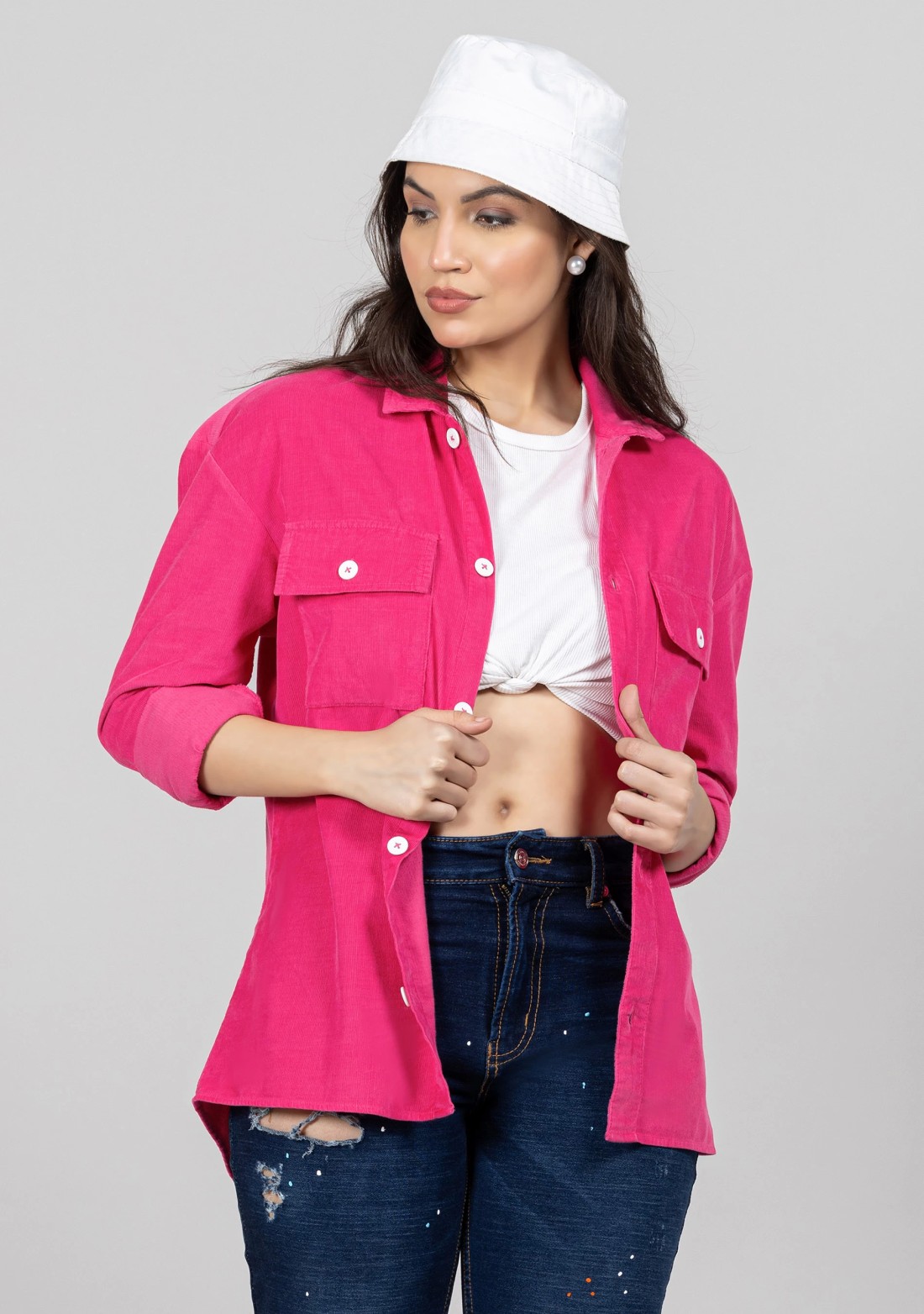 Fuchsia Pink Corduroy Drop Shoulder Shirt