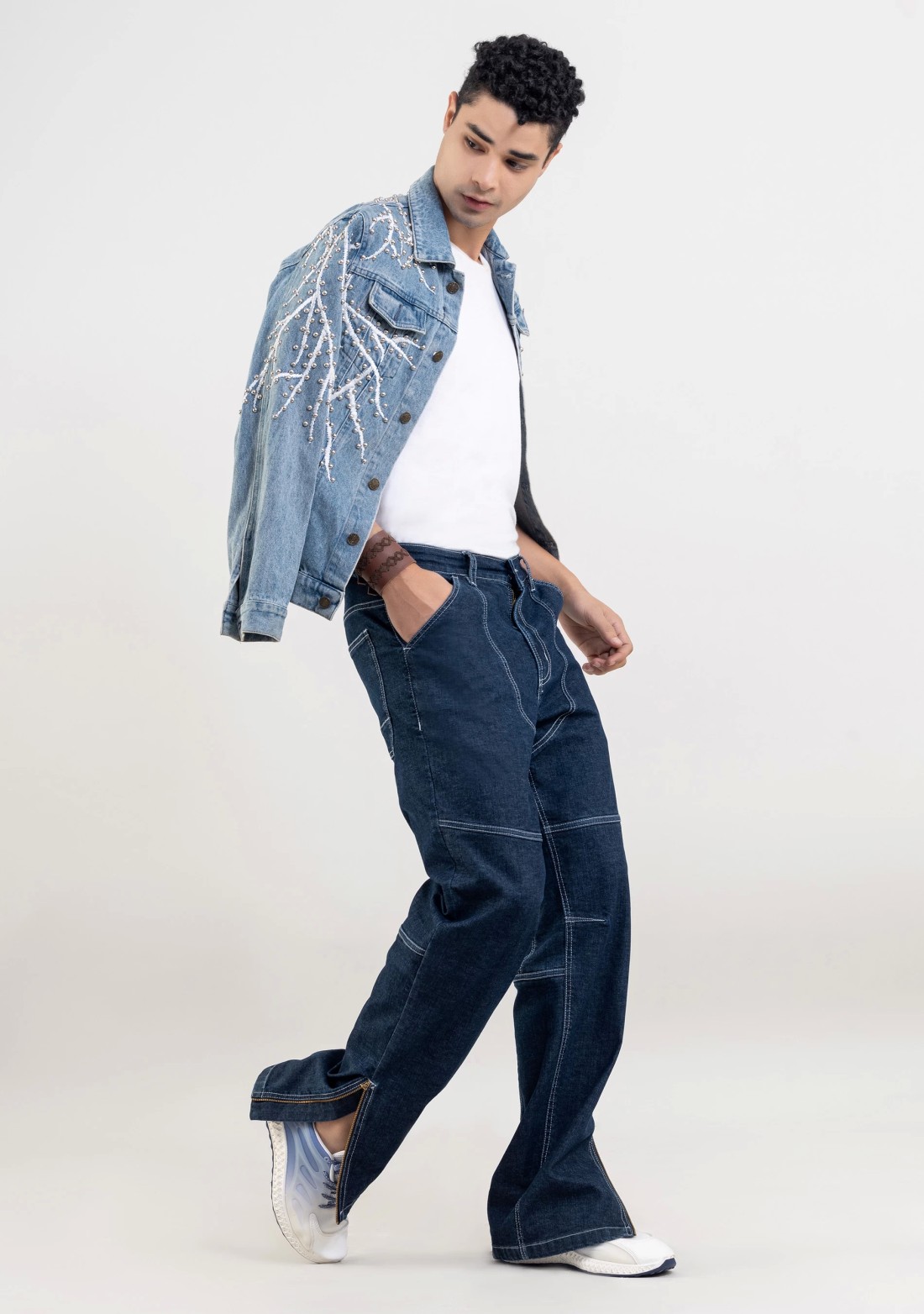 Blue Wide Leg Cut and Sew Men's Jeans