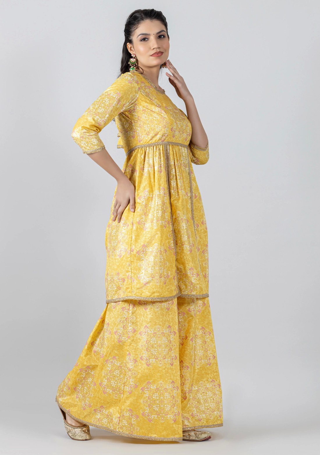 Yellow Foil Print Chanderi Peplum Style Tunic with Pants Co-Ord Set