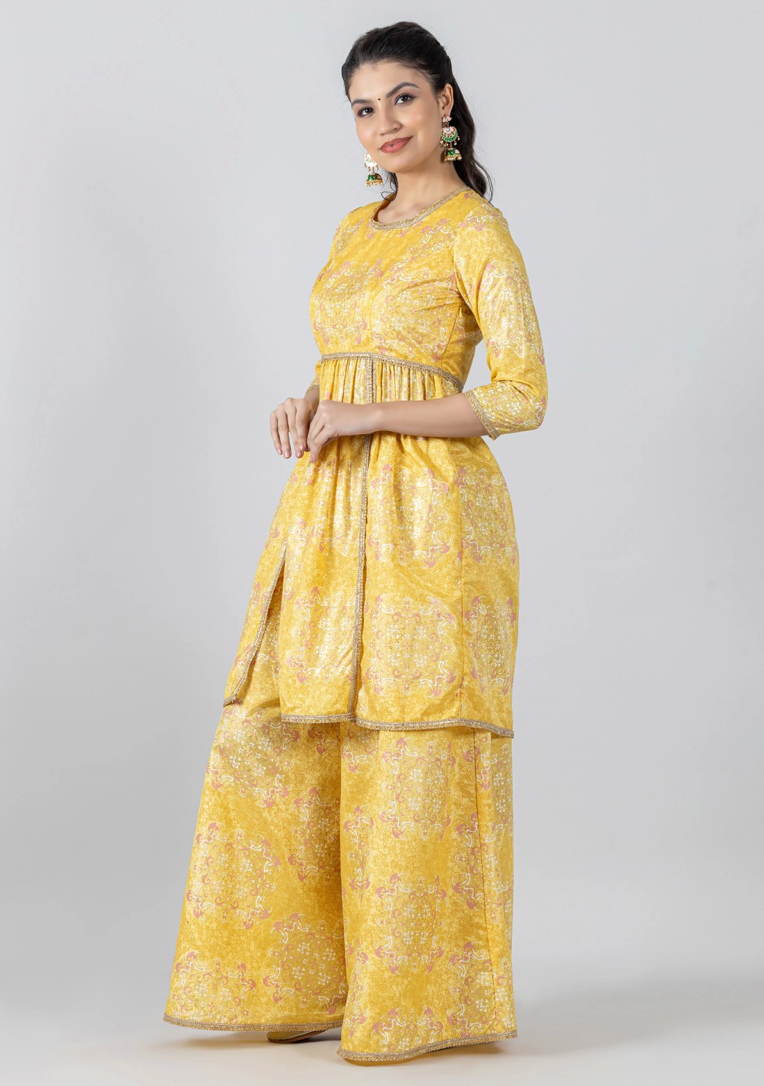 Yellow Foil Print Chanderi Peplum Style Tunic with Pants Co-Ord Set