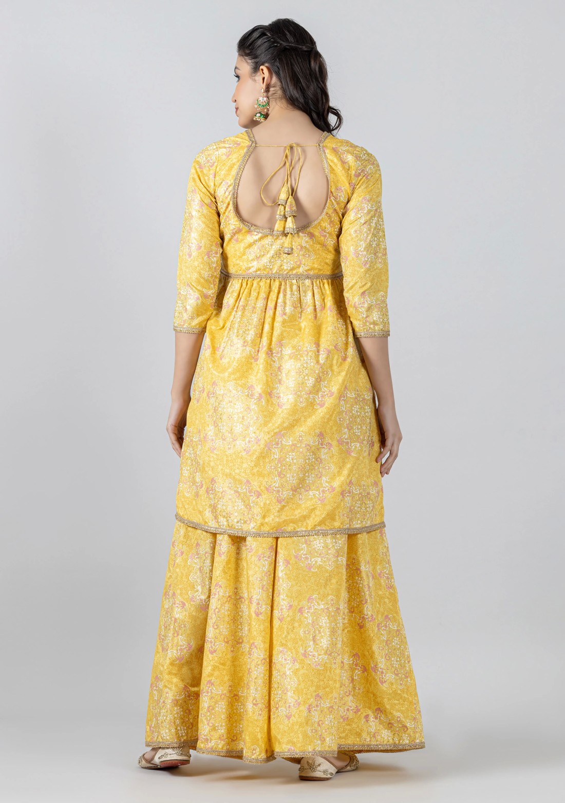 Yellow Foil Print Chanderi Peplum Style Tunic with Pants Co-Ord Set