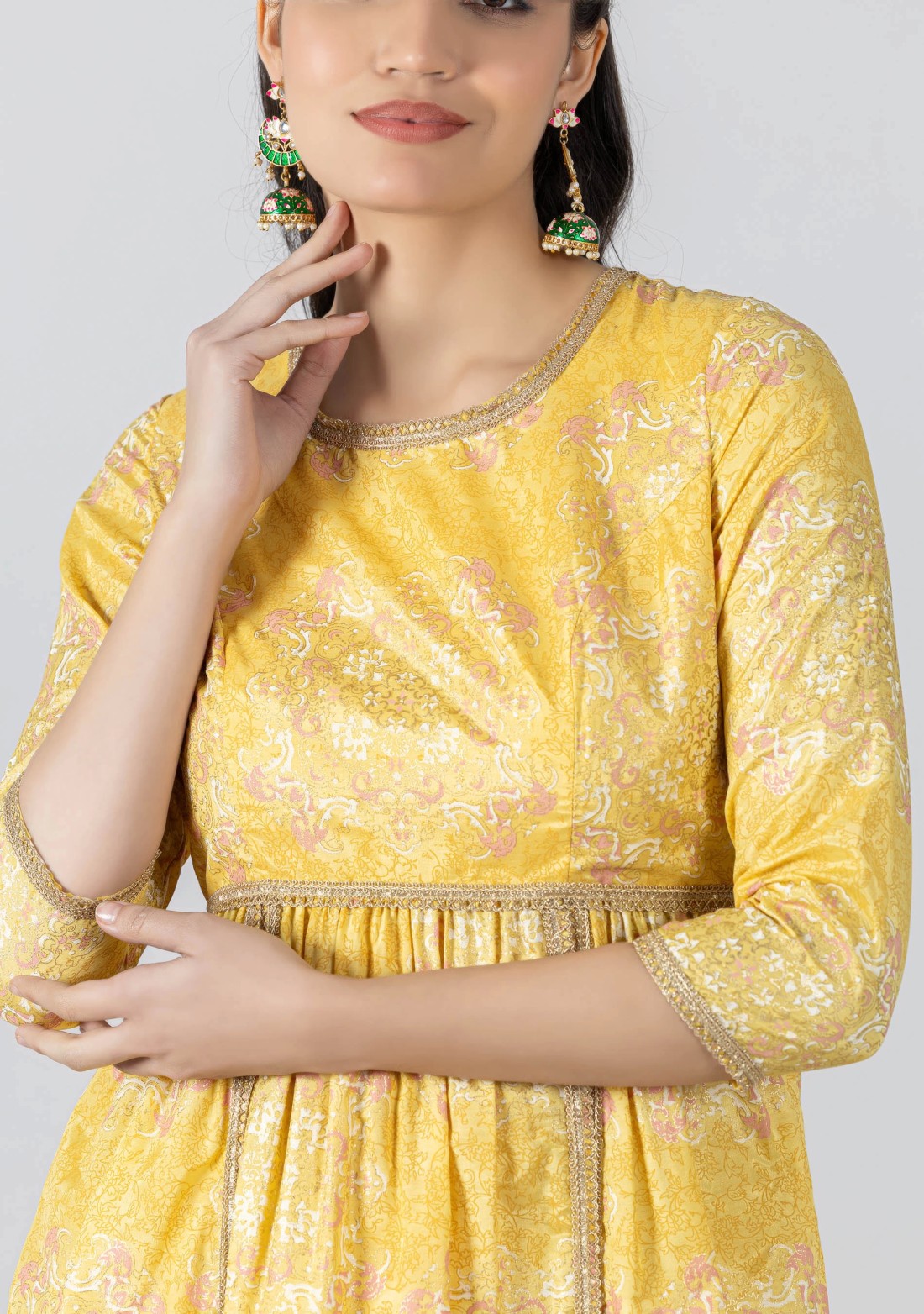 Yellow Foil Print Chanderi Peplum Style Tunic with Pants Co-Ord Set