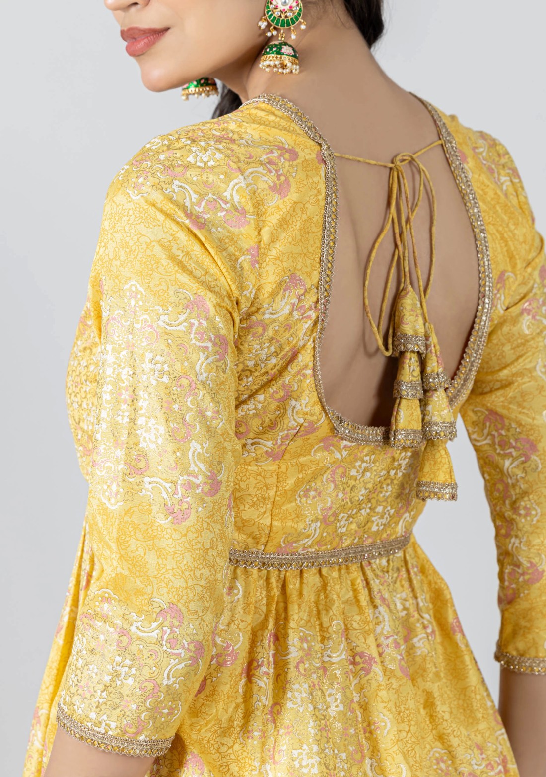 Yellow Foil Print Chanderi Peplum Style Tunic with Pants Co-Ord Set