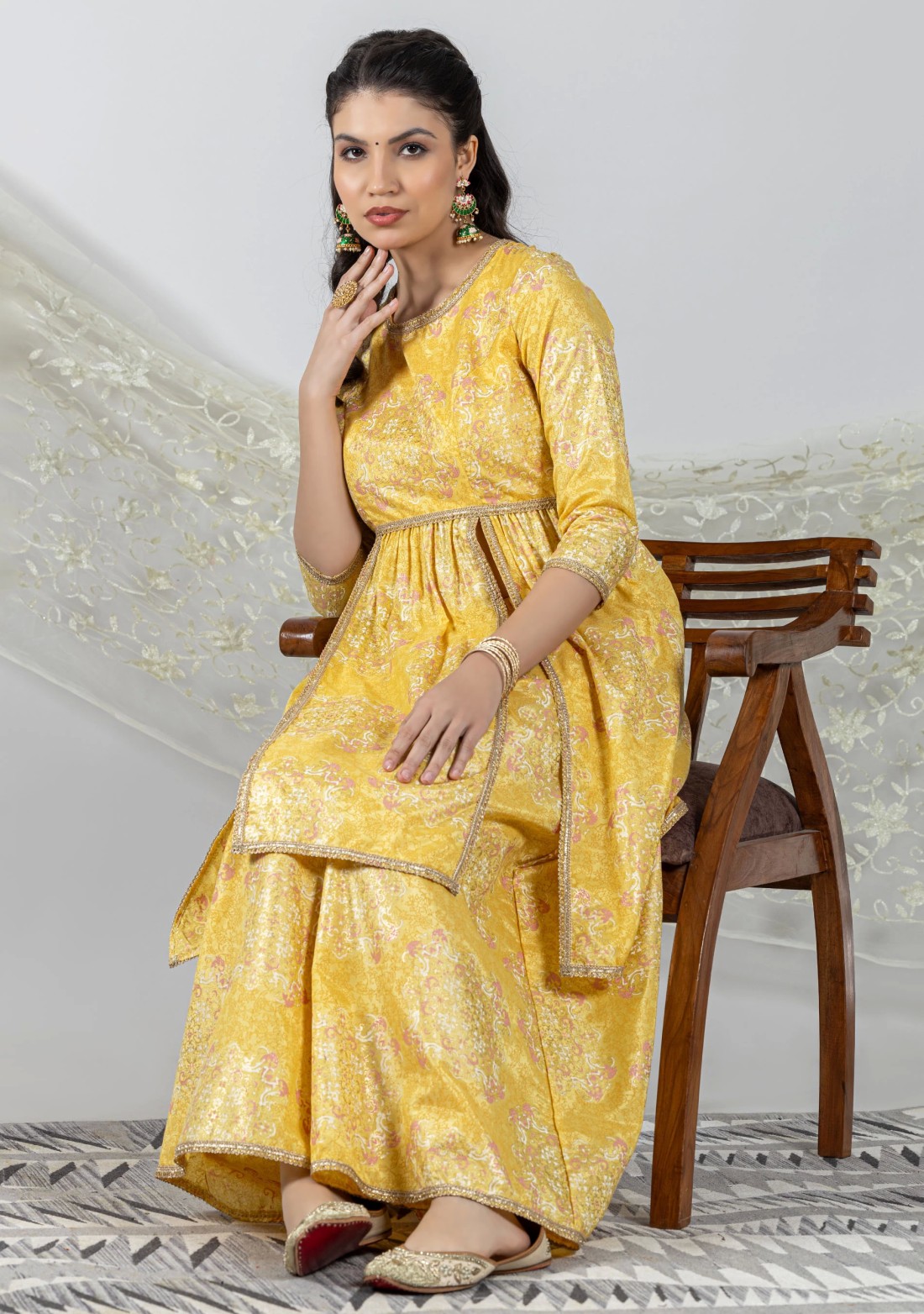 Yellow Foil Print Chanderi Peplum Style Tunic with Pants Co-Ord Set