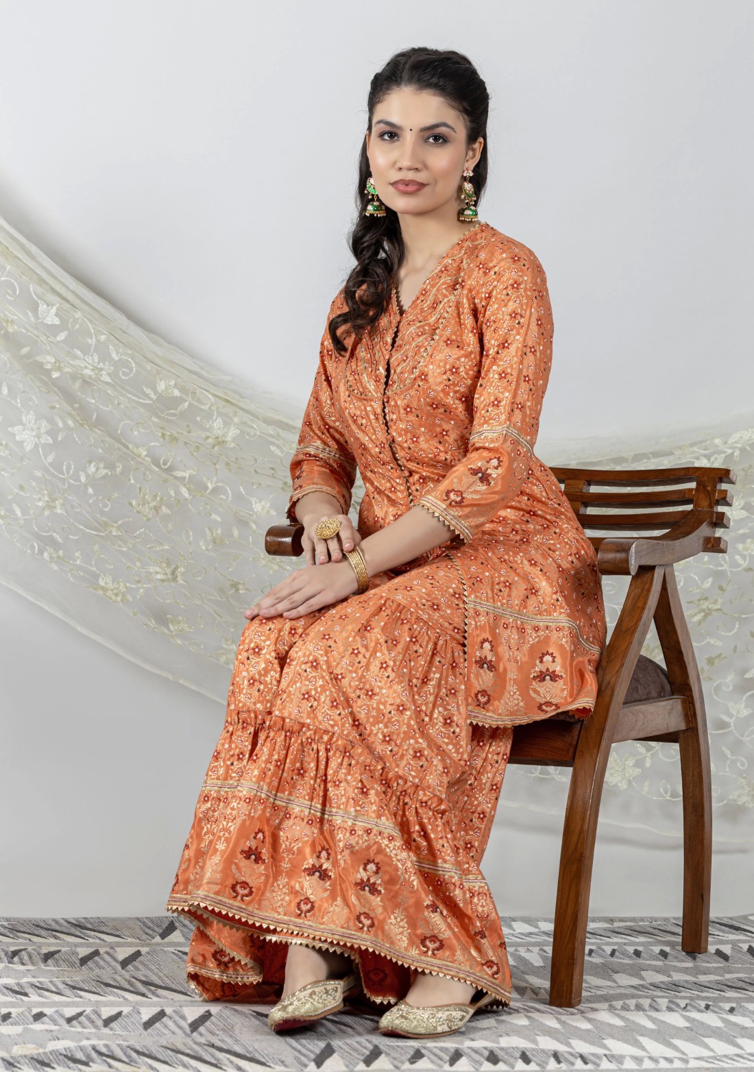 Orange Foil Print Chanderi Peplum Style Tunic with Gharara Co-Ord Set