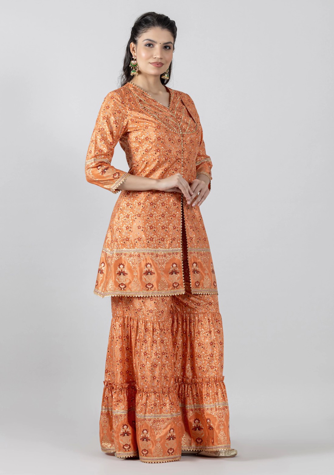 Orange Foil Print Chanderi Peplum Style Tunic with Gharara Co-Ord Set