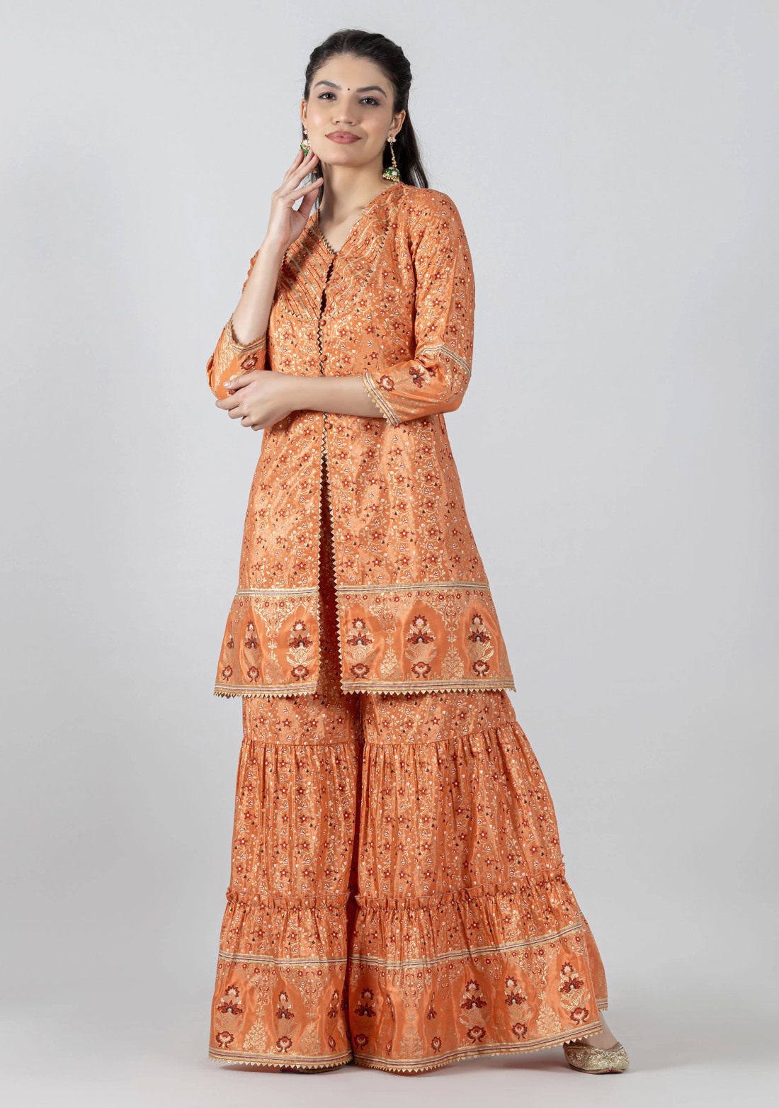 Orange Foil Print Chanderi Peplum Style Tunic with Gharara Co-Ord Set