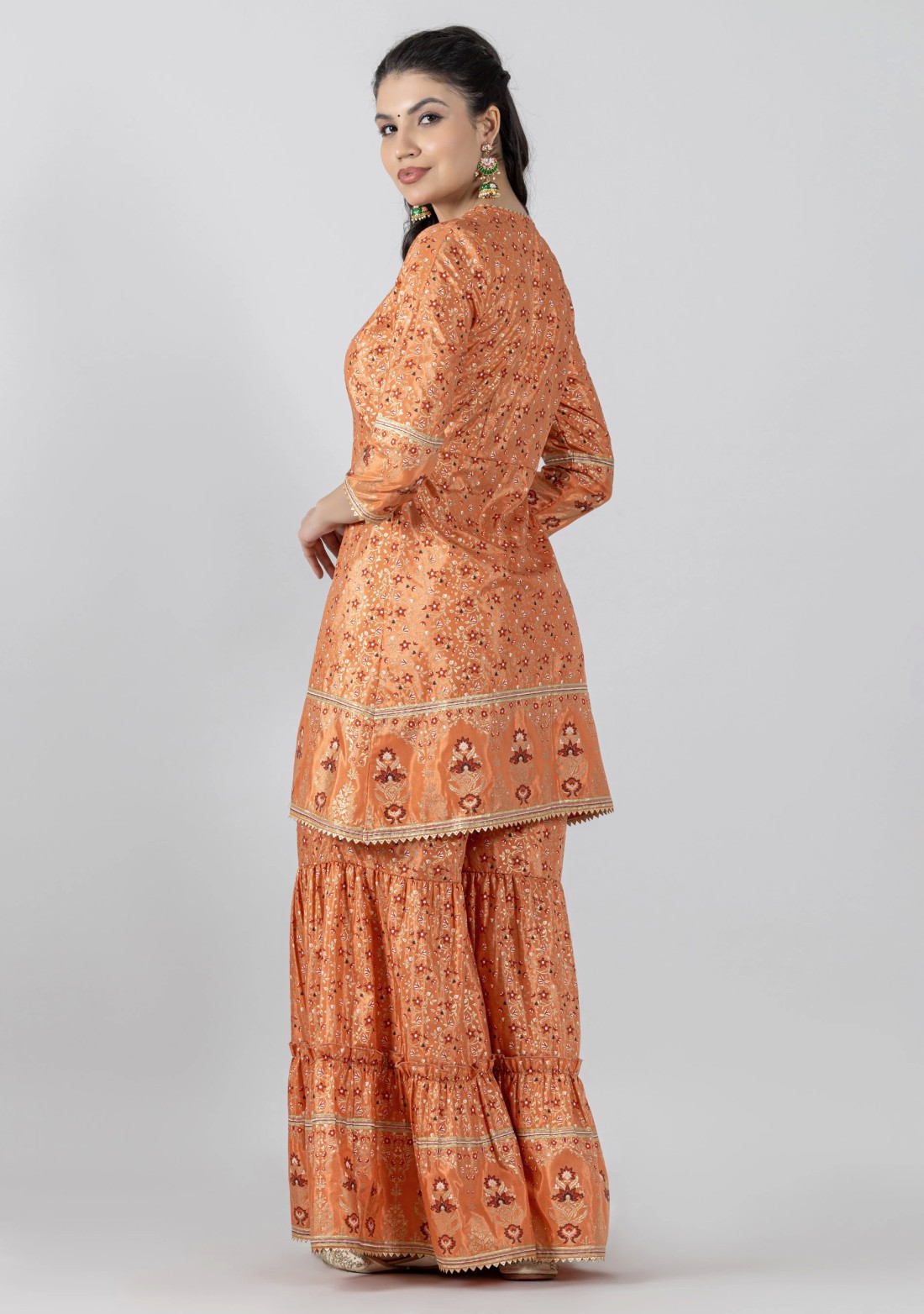 Orange Foil Print Chanderi Peplum Style Tunic with Gharara Co-Ord Set