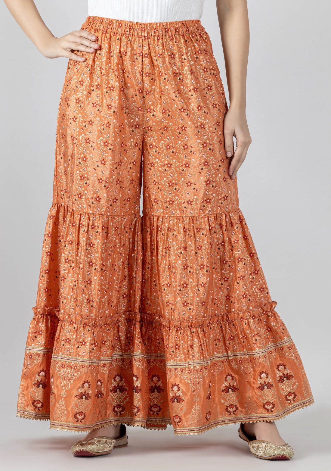 Orange Foil Print Chanderi Peplum Style Tunic with Gharara Co-Ord Set