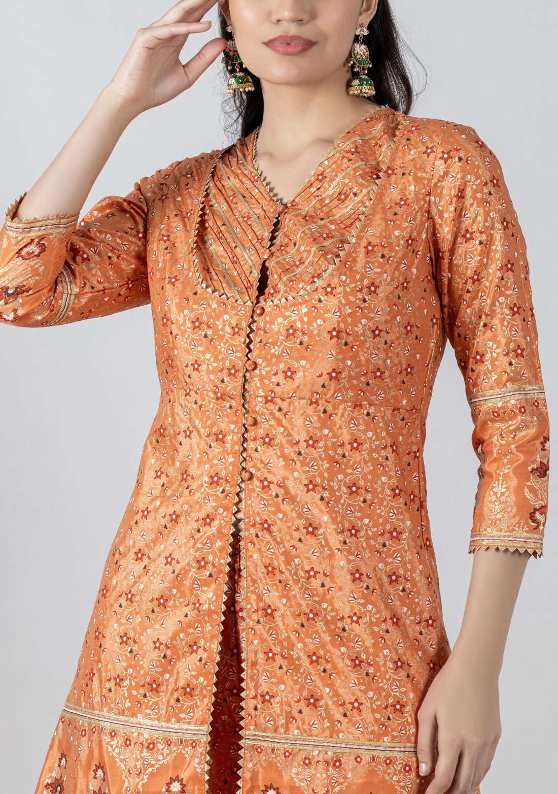 Orange Foil Print Chanderi Peplum Style Tunic with Gharara Co-Ord Set