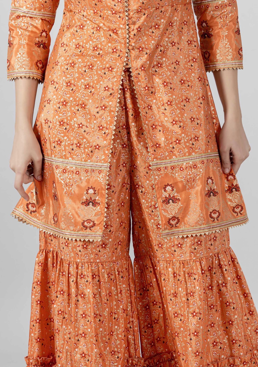 Orange Foil Print Chanderi Peplum Style Tunic with Gharara Co-Ord Set