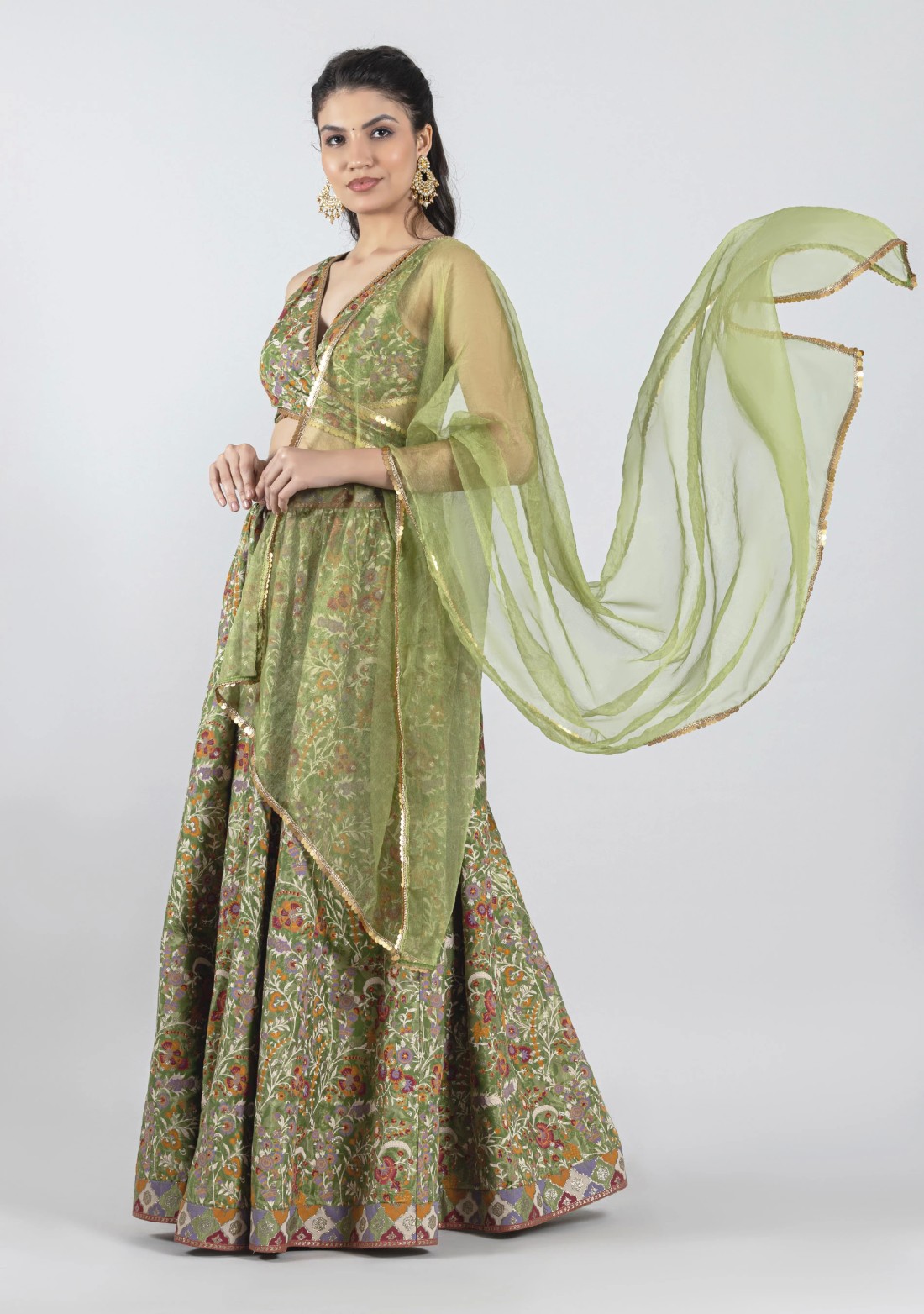 Green Foil Print Chanderi Lehanga Set
