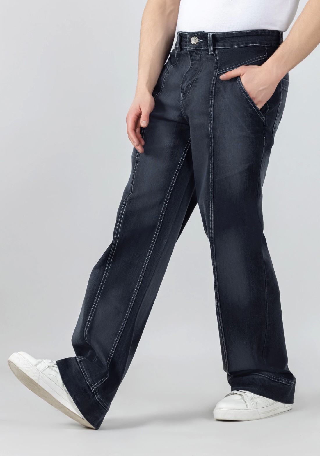 Black Wide Leg Cut and Sew Men's Fashion Jeans