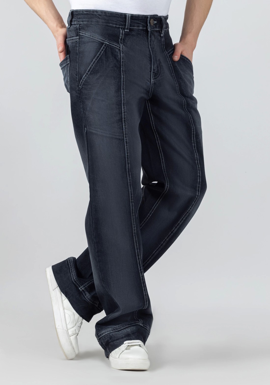 Black Wide Leg Cut and Sew Men's Fashion Jeans