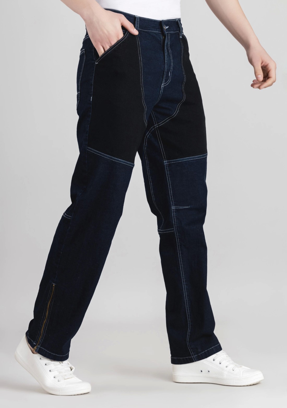 Blue Straight Relaxed Fit Cut and Sew Men's Jeans