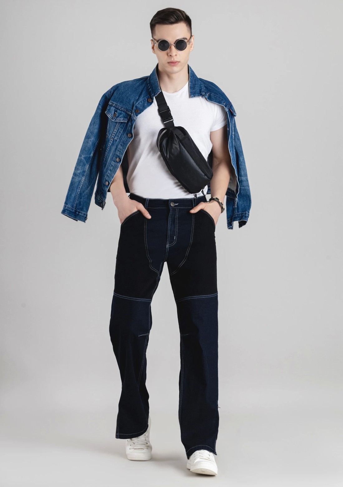 Blue Straight Relaxed Fit Cut and Sew Men's Jeans