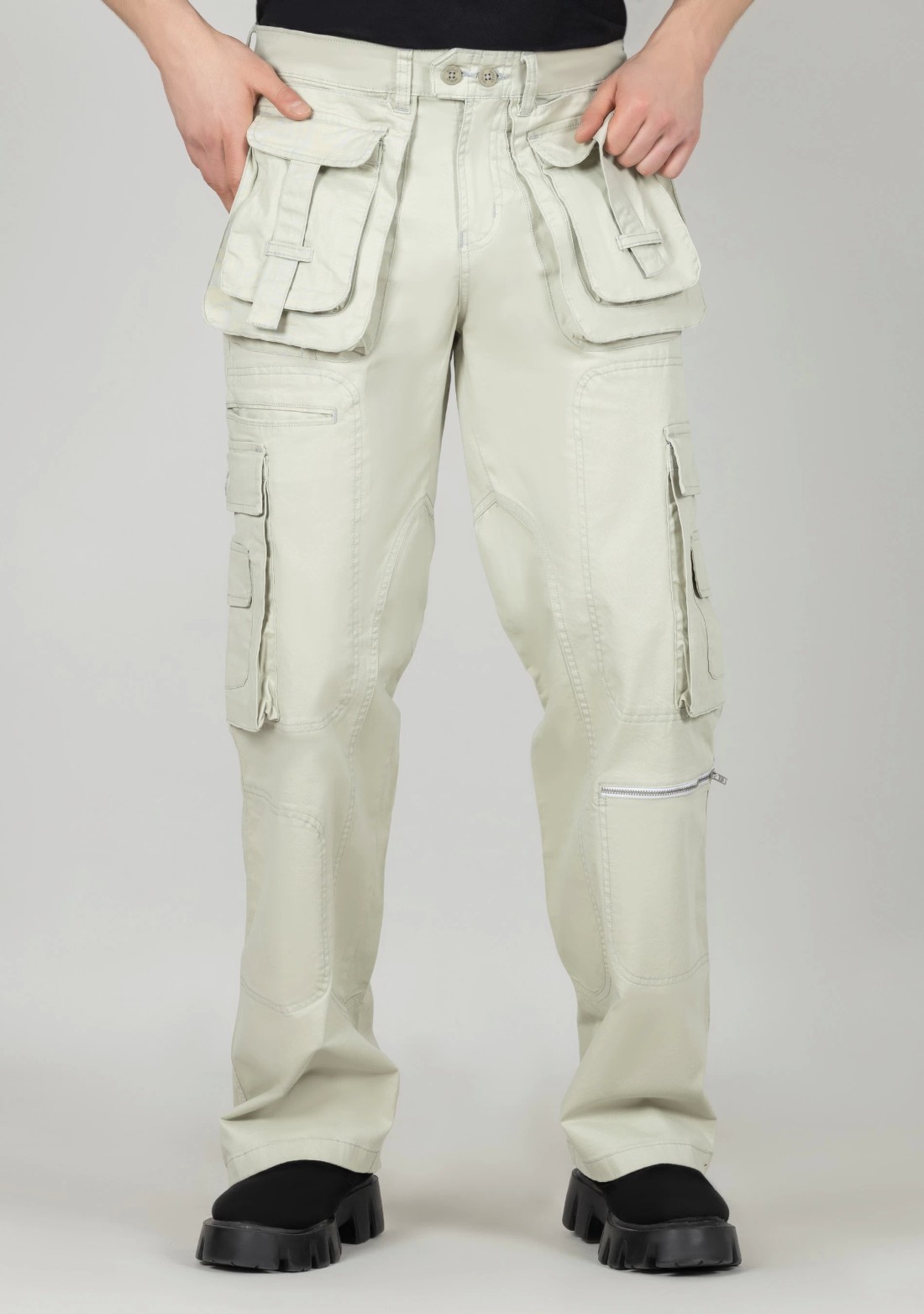 Light Beige Wide Leg Men’s Cotton Cargo Trousers